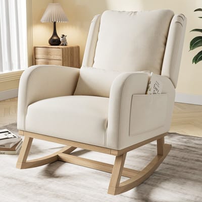 Schommelstoel, Linnen verpleegstoel, Relaxstoel babykamer met verdikt kussen, Massief houten frame, Beige
