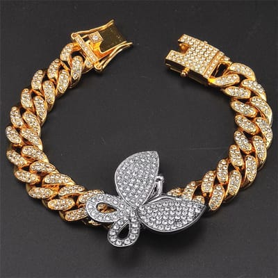 ICYBOY 18K Massieve Cuban Vrouwen Armband verguld met Vlinder Pendant [GOLD-PLATED] [ICED OUT] - Chain Butterfly Bracelet