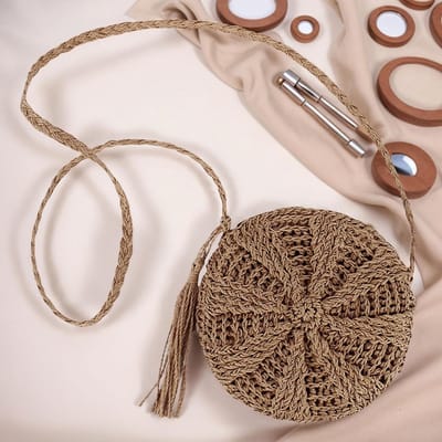 Bohemian Strohoed Schoudertas voor Dames - Handgemaakte Geweven Crossbody Tas met Rits en Rond Handvat - Ideaal voor Strand, Zomer en Outdoor Reizen