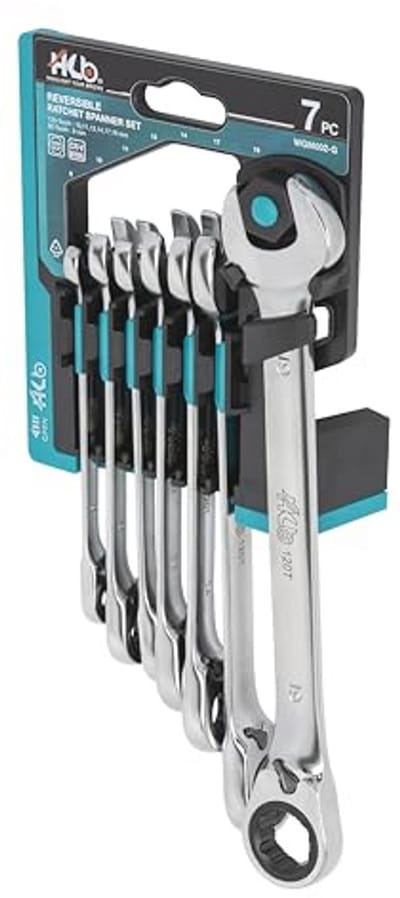 7-delige Omkeerbare Ratelsleutelset met 90T & 120T - Ergonomisch, Metrische Maten 8-19mm