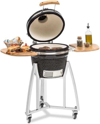 Klarstein Queensize kamado grill - om te grillen, slow cooking, roken of bakken, afneembare zijpanelen, materialen: keramiek, roestvrij staal, bamboe, thermometer van 0-450 °C, 3 wielen, zwart
