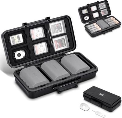 Waterdichte Batterijopslagdoos voor 3 NPW235/EN-EL15/DMW-BLF19/BLX-1 en 8 AA, Inclusief Multi SD Kaart Houder voor 6 SD en 5 CFA