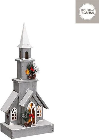 Kerst huisje Kerk grijs 10 led battery operated - l21xw12xh48cm