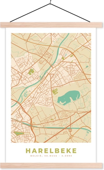 Posterhanger incl. Poster 40x60 cm - Schoolplaat - Retro - Kaart - Plattegrond - Harelbeke - Stadskaart - Textielposter - Blanke latten - Stadskaart