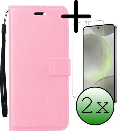 Hoesje Met 2x Screenprotector - Geschikt voor Samsung Galaxy S24 Plus - Luxe Pasjeshouder - Bookcase Portemonee - Flip Case - Kunstleer Book Case - Flipcase Hoes - Book Cover - Walletcase - Portemonneehoes - Lichtroze