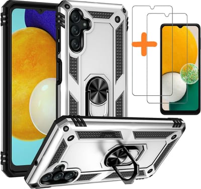 Hoesje Geschikt Voor Samsung Galaxy A13 5G / A04s Hoesje met Ring Houder – TPU backcover – Met 2x screenprotector gehard glas – Zilver