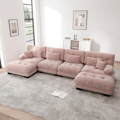 Pugsdrly Modulaire hoekbank, U-vormige bankstel voor de woonkamer, comfortabele Cloud-banken met 4 zitplaatsen en verwijderbare poef, DIY-combinatie, chenille, roze
