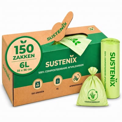 Biozakken 6 Liter - 150 Stuks - GFT Zakken Composteerbaar - Afvalzakjes Incl. Dispenser - Sustenix - 35 x 36