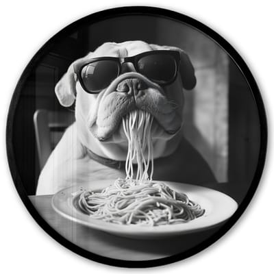 Poster in lijst Rond - Fotolijst 40x40 cm - Posters - Hond - Bulldog - Pasta - Bril - Stoer - Dieren - Ronde posterlijst zwart - Decoratie - Wanddecoratie woonkamer - Muurdecoratie slaapkamer