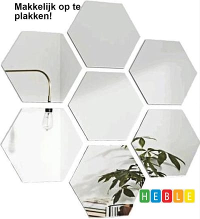 *** 12 stuks - Acryl Wandspiegel - 18 cm x 16 cm - Zelfklevend - Licht Zilver Hexagon - Plakspiegel - Zeshoek Zeskant - Woonkamer - Gadgetpanda - van Heble® ***