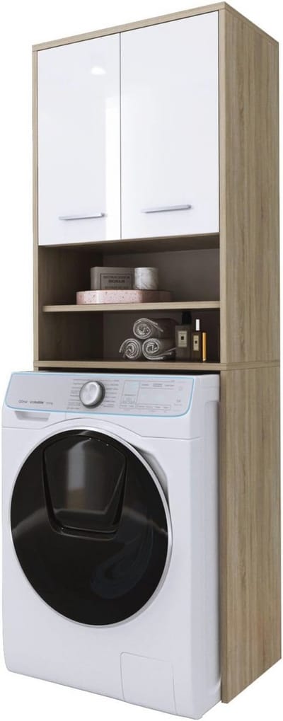 Wasmachinekast met 2 Deuren in Sonoma Eiken/Wit - Hoogkast voor Badkamer en Droger