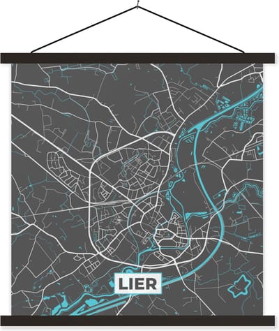 Posterhanger incl. Poster 60x60 cm - Schoolplaat - België – Lier – Stadskaart – Kaart – Blauw – Plattegrond - Textielposter - Zwarte latten - Stadskaart