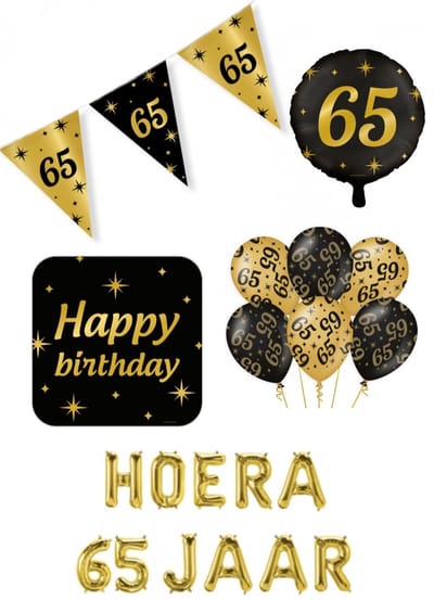 65 jaar Classy Party decoration pakket – luxe glamour goud zwart ballonnen – folieballonnen – vlaggenlijn
