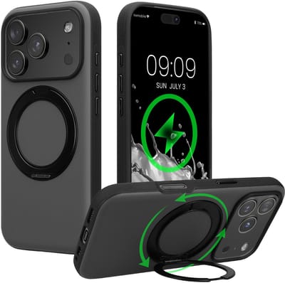 kwmobile Hoesje met 360° ringstandaard voor Apple iPhone 18 Pro / iPhone 17 Pro - Hardcase met draaibare kickstand - Compatibel met MagSafe - zwart