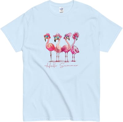 T Shirt Dames Heren met Grappige Zomer Flamingo's - Hello Summer - Licht Blauw - S