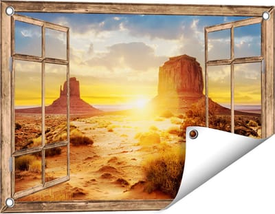 Gards Tuinposter Doorkijk Zonsondergang in Woestijn Monument Valley - 60x40 cm - Tuindoek - Tuindecoratie - Wanddecoratie buiten - Tuinschilderij