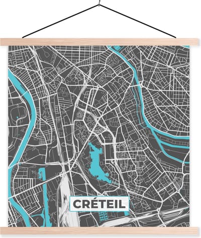 Posterhanger incl. Poster 40x40 cm - Schoolplaat - Créteil - Plattegrond - Kaart - Stadskaart - Frankrijk - Textielposter - Blanke latten - Stadskaart