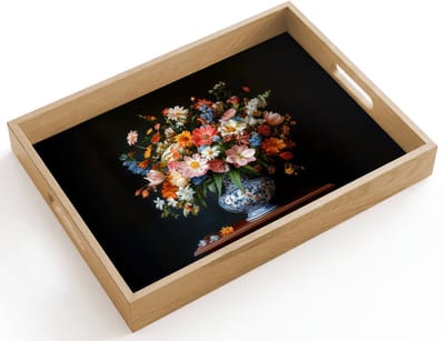 Dienblad hout 40x30 cm - Schootdienblad - Boeket - Roze - Bloemen - Vaas - Borrelplank rechthoek - Plateau dienbladen