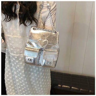 Niche Design Zilveren Rugzak Dames Mode Rugzak Ketting Veelzijdige Reis Emmer Tas gray