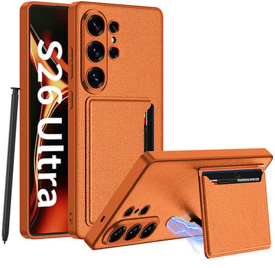 Casemania Hoesje Geschikt voor Samsung Galaxy S26 Ultra - Oranje - Kunstleren Back Cover met Pasjeshouder Staandaard