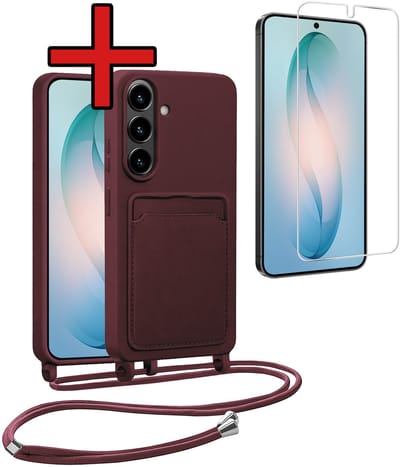 Hoesje Geschikt voor Samsung S26 Hoesje Siliconen Case Met Koord Met Screenprotector - Hoes Geschikt voor Samsung Galaxy S26 Hoesje Backcover Met Telefoonkoord - Aubergine