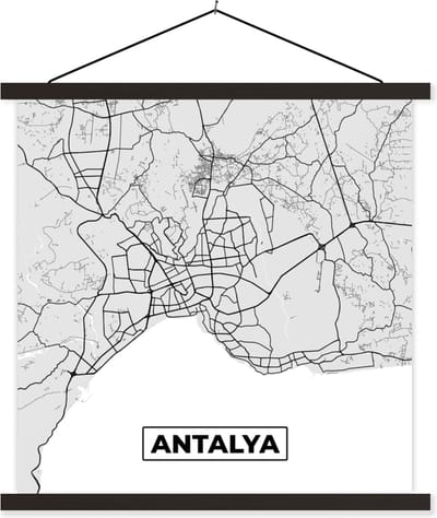 Posterhanger incl. Poster 60x60 cm - Schoolplaat - Antalya - Stadskaart - Plattegrond - Zwart Wit - Kaart - Textielposter - Zwarte latten - Stadskaart