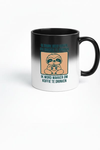 Magische Koffiemok "Ik word wakker om koffie te drinken" - Zwarte Warmtegevoelige Mok met Luiaard Design