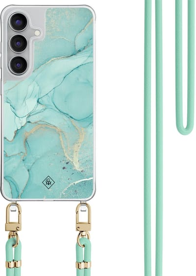 Casimoda® hoesje met mintgroen koord - Geschikt voor Samsung S25 FE - Marmer mint groen - Afneembaar koord - TPU/polycarbonaat - Paars