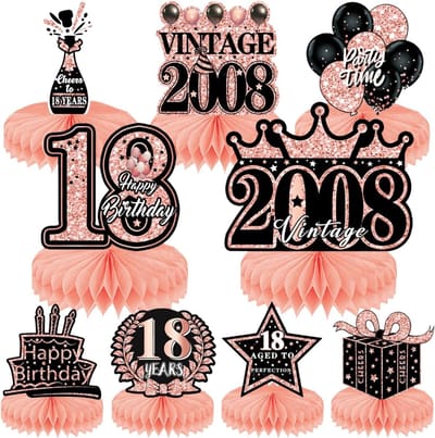 Prachtige 9-delige Roze Gouden Rozen Decoraties voor 18e Verjaardag, Tafeldecoraties voor Meisjes, Feestversiering en Tafelpuntjes