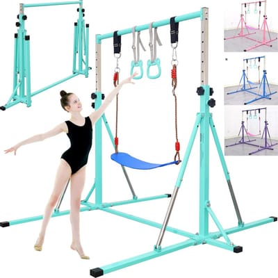 Gymnastiekstang Kinderen - Turnstang Trainingsstang - Thuis Turnen - Opvouwbaar in seconden - Verstelbaar 89-145 cm - Turkoois