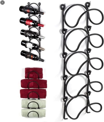 Multifunctionele Wandgemonteerde Wijnrek en Handdoek Organizer - 5 Laags IJzeren Hangrek voor Badkamer en Thuisopslag, Ideaal voor Wijn en Accessoires
