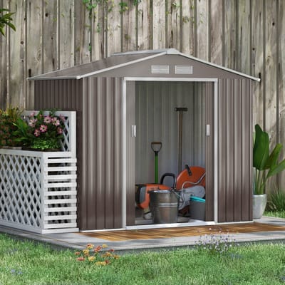 MEUNIQ Gereedschapsschuur 213 x 130 x 185 cm van staal met bodemframe, 2 schuifdeuren en ventilatieopeningen, grijs tuinhuis voor tuin en opslag