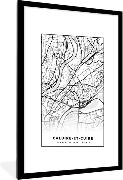 Fotolijst incl. Poster Zwart Wit- Stadskaart - Plattegrond - Kaart - Frankrijk - Caluire-et-Cuire - Zwart wit - 60x90 cm - Posterlijst