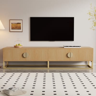 Tv-Meubel Houtlook 180 cm - Modern Lowboard met 4 Deuren en Gouden Handgrepen - Houten Tv-Kast met Soft-Close Scharnieren - Geschikt voor 40-49 Inch Tv
