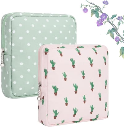 2 Stuks Sanitaire Zakjes voor Menstruatie - Cosmetica Tas voor Meisjes - Tampon Opbergtas met Rits - Kleine Waterdichte Tas in Roze Cactus en Groene Dots