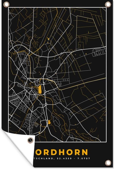 Muurdecoratie Nordhorn – Stadskaart – Gold – Plattegrond – Stadskaart – Kaart - Duitsland - 120x180 cm - Tuinposter - Tuindoek