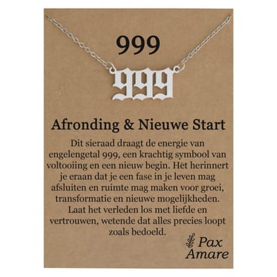 999 Engelen Getal Ketting op Cadeau Kaartje - Zilverkleurig - Stainless Steel Spirituele Hanger - 45cm + 5cm verstelbaar - Pax Amare