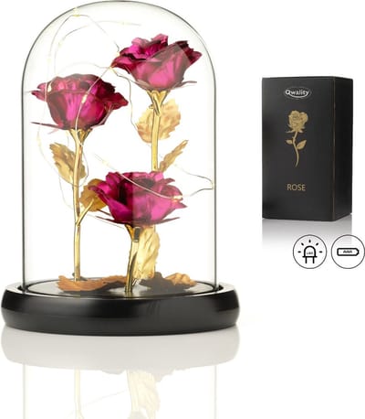 Qwality® Luxe Roos in Glas met LED – 3x Gouden Roos in Brede Glazen Stolp – Moederdag - Cadeau voor vriendin moeder haar - Roze 3x Roos Brede Stolp