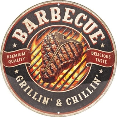Barbeque Grillin & Chillin. Metalen wandbord in reliëf Ø 35 cm.