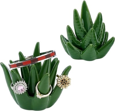 2 Pack Aloe Ring Holder en Sieraden Organizer - Keramische Cactus Schotel voor Decoratie, Plant en Succulent Accessoires voor Thuis en Bruiloft