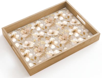 Dienblad hout 40x30 cm - Schootdienblad - Bloemen - artistiek - Goud - Borrelplank rechthoek - Plateau dienbladen