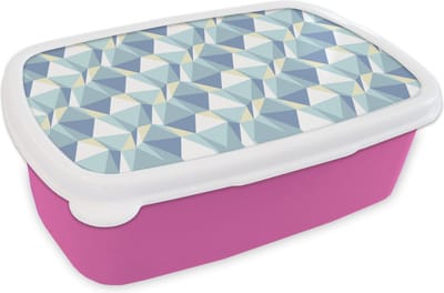 Broodtrommel Roze - Lunchbox - Brooddoos - Patronen - Blauw - Grijs - Ruiten - 18x12x6 cm - Kinderen - Meisje
