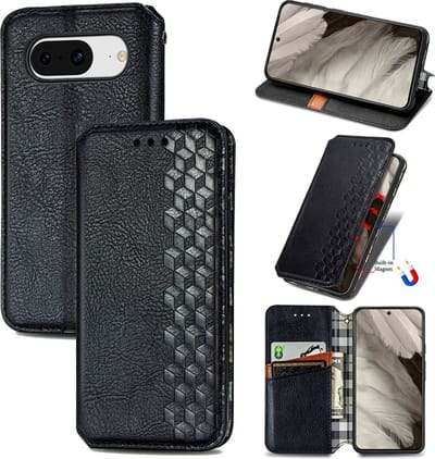 Luxe PU Lederen Ruitpatroon Wallet Case + Glas Screenprotector voor Pixel 8 _ Zwart