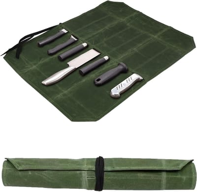 opbergtas voor keukenmessen, messentas, koksmes, roltas, gewaxte canvas messentas met 7 sleuven voor kamperen, wandelen, groen, Duurzaam