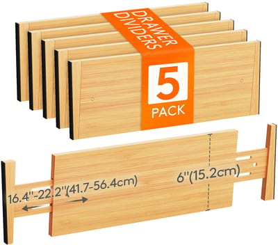 5-delige set Bamboe Ladeverdelers - Verstelbaar - voor Keuken, Kledingkasten, Bureau en Kantoor - voor binnenlengte 45-55 cm en hoogte > 15,2 cm