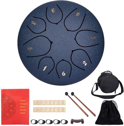 Tongue Steel Drum 20 cm Ø - Handpan - Klankschaal - 8 Noot Steel Drum Set met Reistas, Drumstokken en Notensticker - Geschikt voor Muziek, Meditatie, Yoga en Healing Sessies - Incl. Muziekboek en 5 Vingerpennen