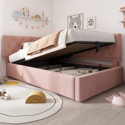 DESMIU Gestoffeerd Dagbed 90x200 cm – Hydraulische Opbergruimte – Linkse of Rechtse Montage – Jeugdkamer/Slaapkamer – Fluweel – Roze – Zonder Matras
