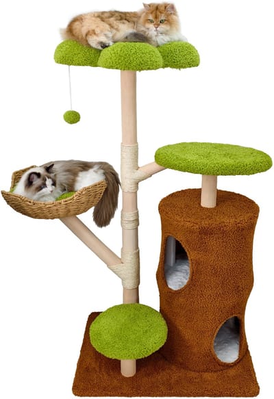 Bingopaw Luxe Krabpaal - 136cm Hoog - Natuurlijk Wilgenhout & Duurzaam Sisal - Kattenboom met Handgeweven Slaapmand & Bloemvormig Platform voor Meerdere Katten - Levendig Groen & Bruin