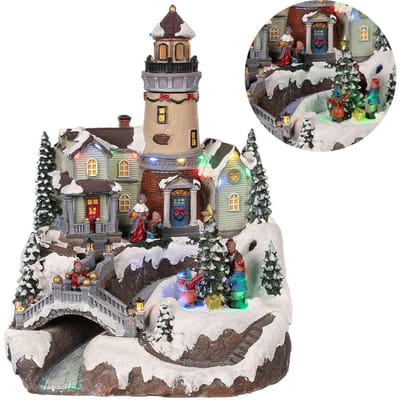 Cheqo kerstdorp met draaiende kerstboom - LED licht - 26x28x35 cm