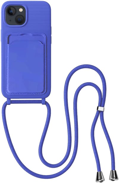 Hoes Geschikt voor iPhone 13 Hoesje Pas Houder Case Hoes Met Koord - Hoesje Geschikt voor iPhone 13 Hoes Met Telefoonkoord Pasjeshouder Cover - Felblauw